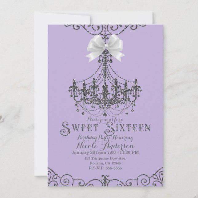 Invitación Lila Lavanda Plata Blanco Arco Dulces 16 Dieciséis (Anverso)