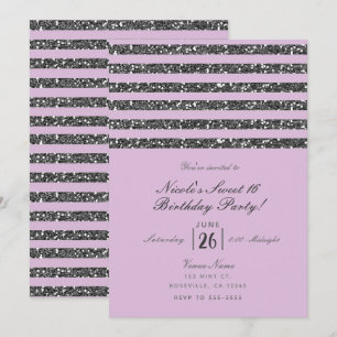 Invitación Lila Lavanda Purpura Brillo Plateado Rayas Fiesta