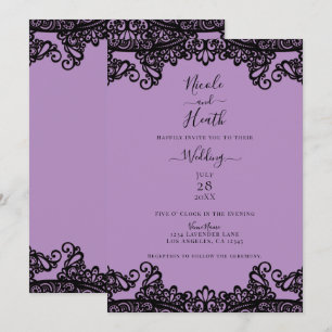 Invitación Lila Lavanda y Negro Encaje Elegante Boda
