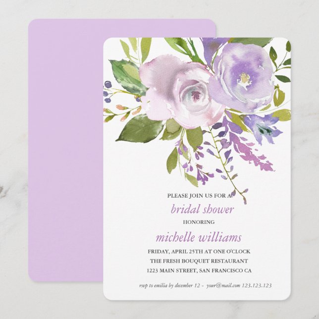 Invitación Lila | Moda Lavender Floral Boda Bridal Ducha (Anverso / Reverso)
