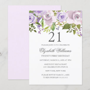 Invitación Lila Morado Aquarela Floral 21 Cumpleaños