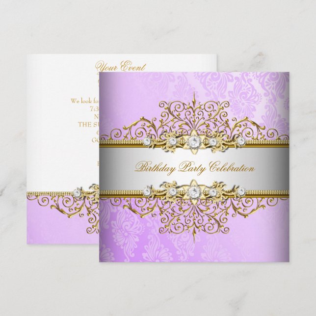 Invitación Lila Morado Blanco Oro Fiesta Elegante (Anverso / Reverso)