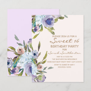 Invitación Lila Morado Floral Verde Elegante Cumpleaños 16