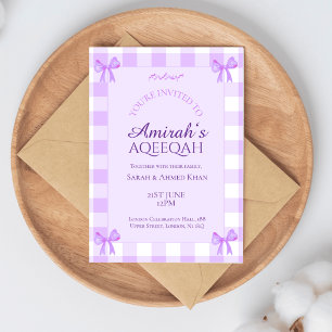 Invitación Lila Morado Gingham Bebé Niña Musulmana Aqiqa Aqee