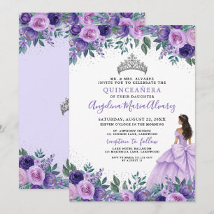 Invitación Lila Morado Plata Floral Quinceañera
