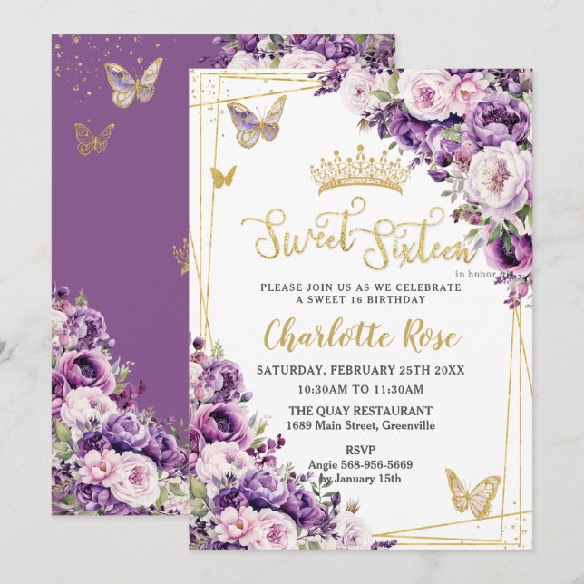 Invitación Lila oscuro Rosa Floral Rosas Dulces 16 (Anverso / Reverso)