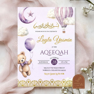 Invitación Lila Púrpura Aqeeqah Cumpleaños Musulmán Niña