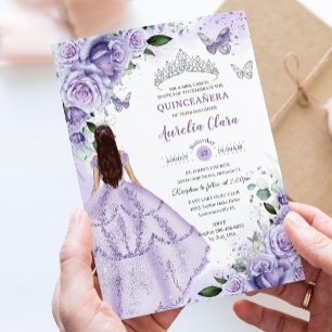 Invitación Lila Púrpura Floral Plata Quinceañera Dulce 16