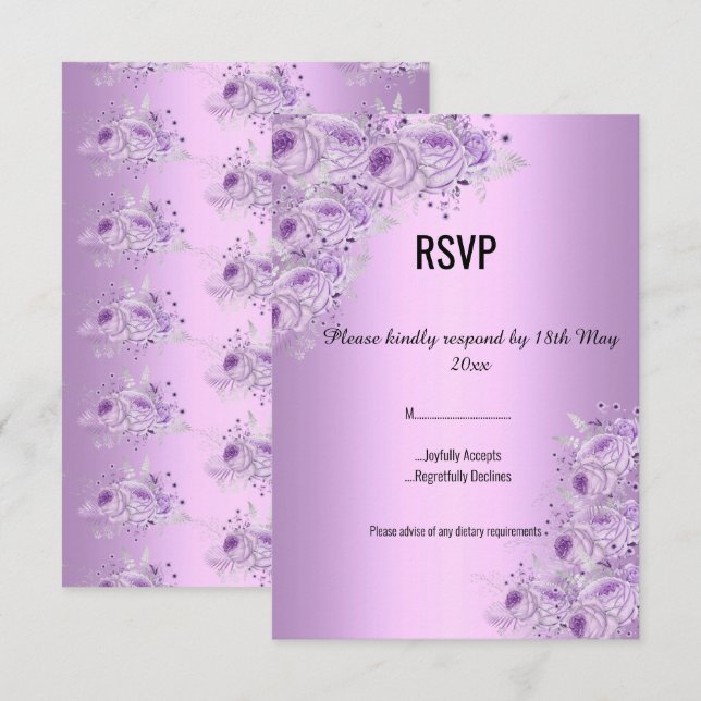 Invitación Lila púrpura plateado moderno RSVP floral ELEGANTE (Anverso / Reverso)