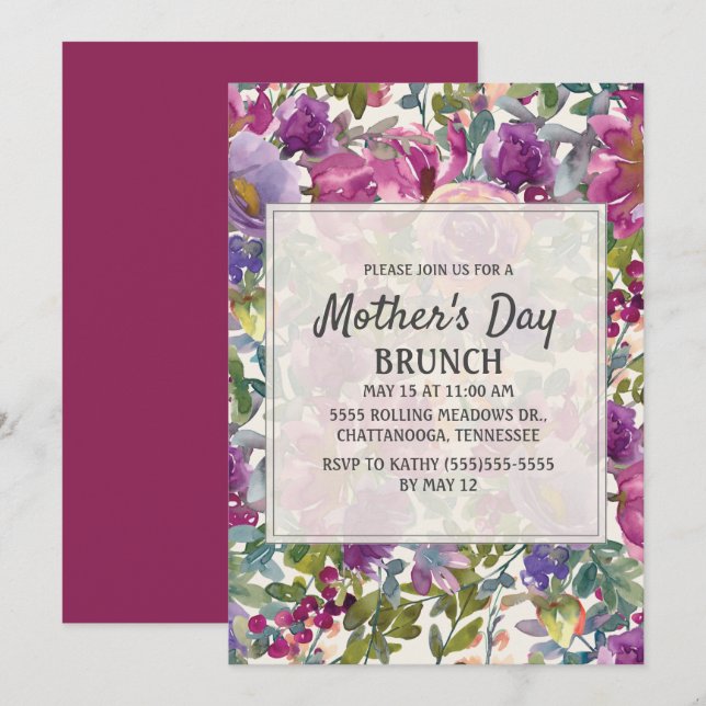 Invitación Lila Rosa Floral Acuarela Día de la Madre (Anverso / Reverso)
