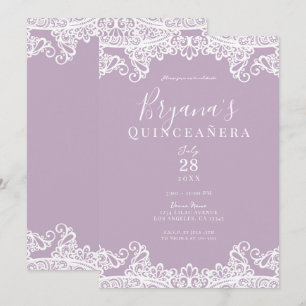 Invitación Lila Rosa y Encaje Blanco Elegante Quinceañera
