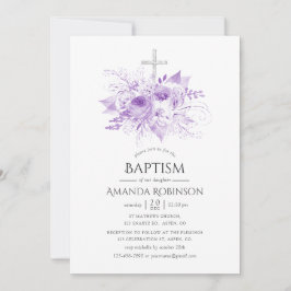 Invitación Lila y Floral Plateado Bautizo o Confirmación
