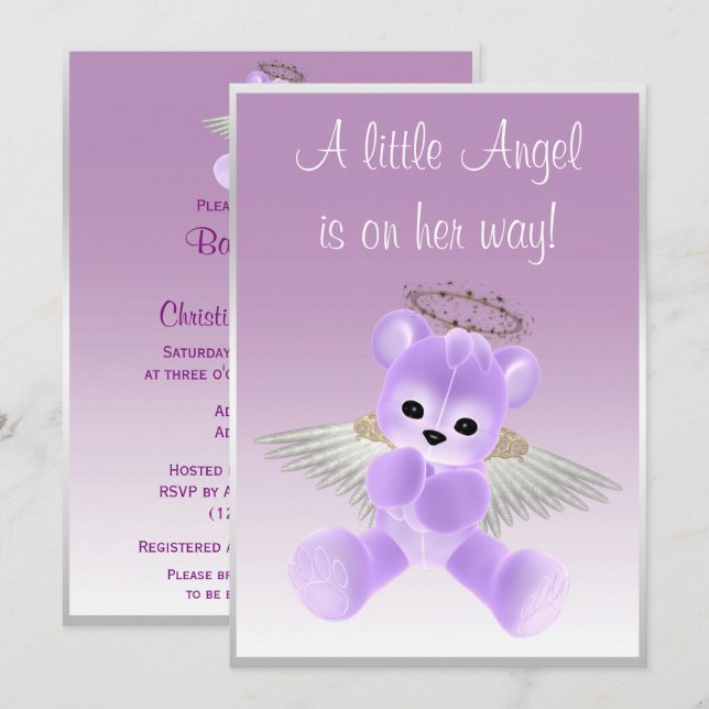 Invitación Lilac Angel Teddy Bear Baby Shower (Anverso / Reverso)