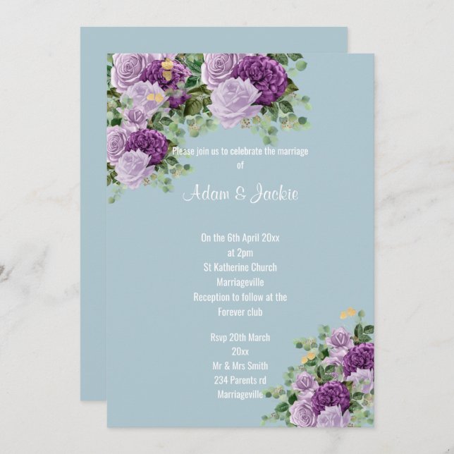 Invitación Lilac azul moderno Púrpura floral ELEGANTE BODA (Anverso / Reverso)