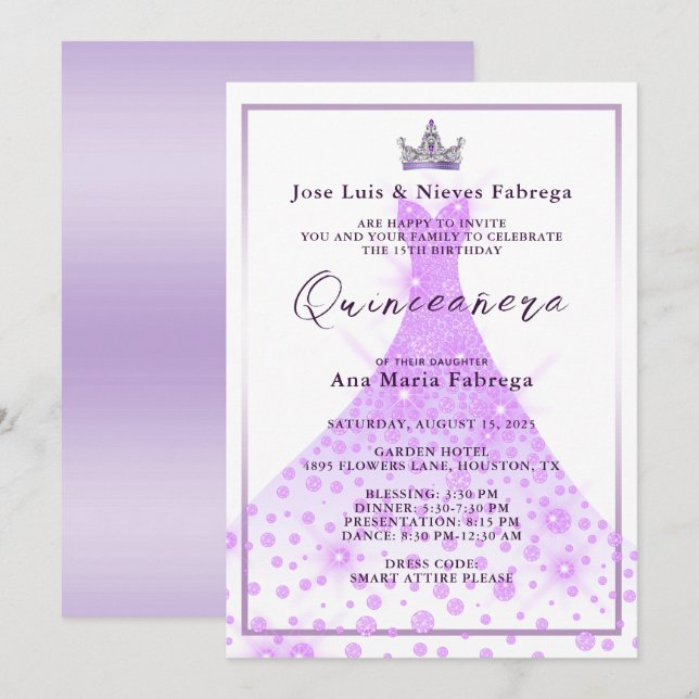 Invitación Lilac Ball Gown y Tiara Quinceañera Cumpleaños (Anverso / Reverso)