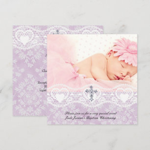 Invitación Lilac Blanco Encaje Foto Joya Cruz Niña Bautizo