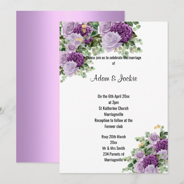 Invitación Lilac blanco moderno Púrpura floral ELEGANTE BODA (Anverso / Reverso)