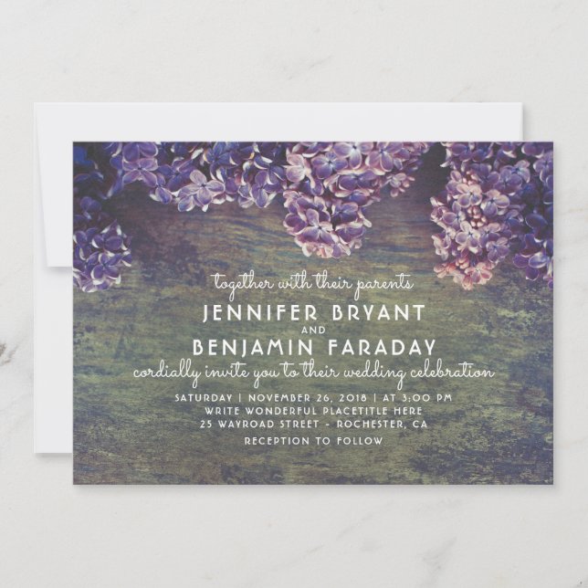 Invitación Lilac Blooming Rama Boda de Madera Rústica (Anverso)