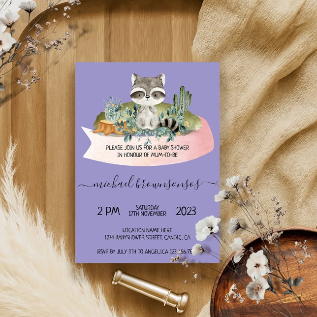 Invitación Lilac Boho Animal Raccoon Tropical Baby Shower (Subido por el creador)