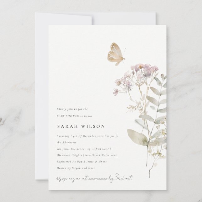 Invitación Lilac Boho Wildflower Fern Baby Shower Botánico (Anverso)
