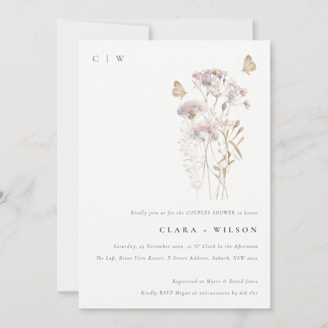 Invitación Lilac Boho Wildflower Fern Foliage Parejas Ducha (Anverso)