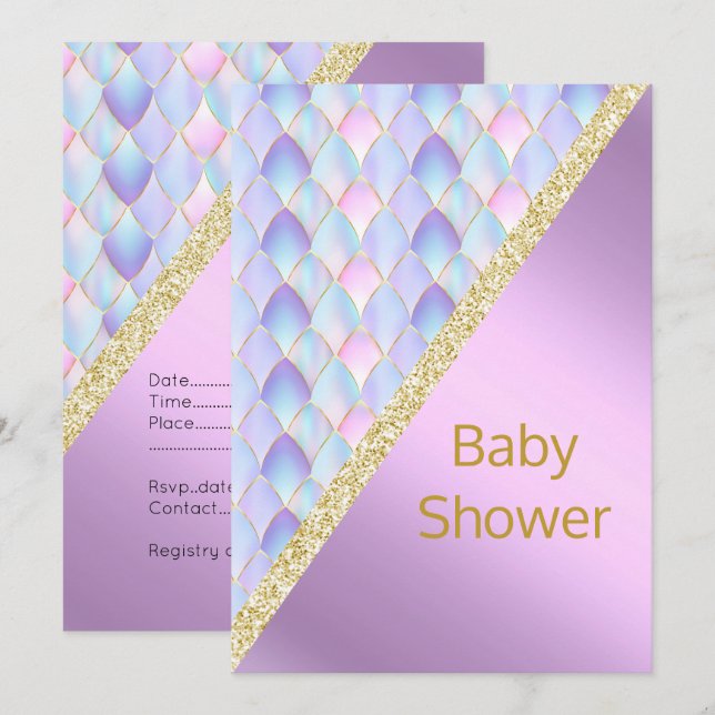 Invitación LILAC BONITO Mermaid BABY SHOWER INVITATION Gold (Anverso / Reverso)