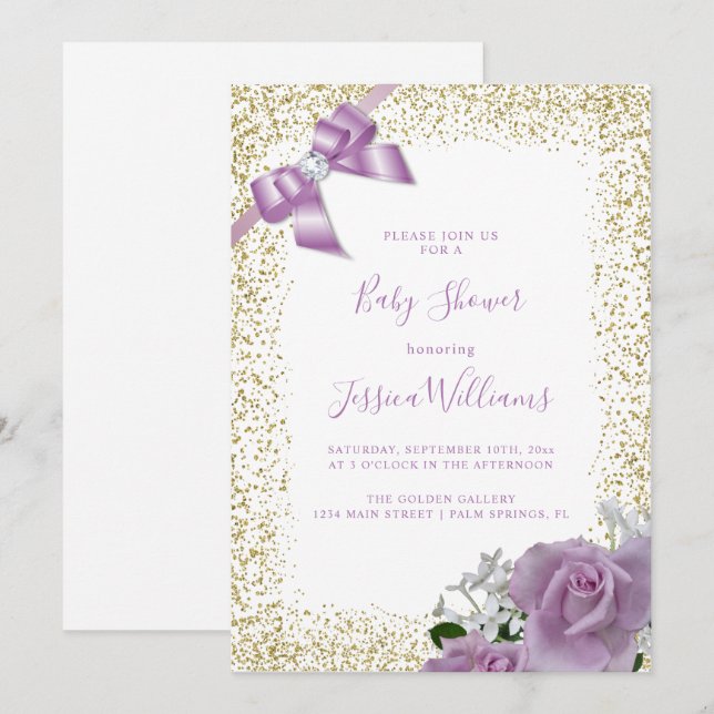 Invitación Lilac Bow y Rosas, Fiesta Baby Shower Purpurina de (Anverso / Reverso)
