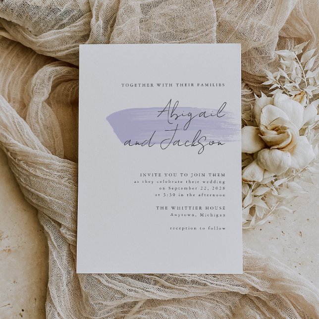 Invitación Lilac Brush Strokes Boda (A simple, modern invitation for a wedding with a lilac or lavender color palette.)