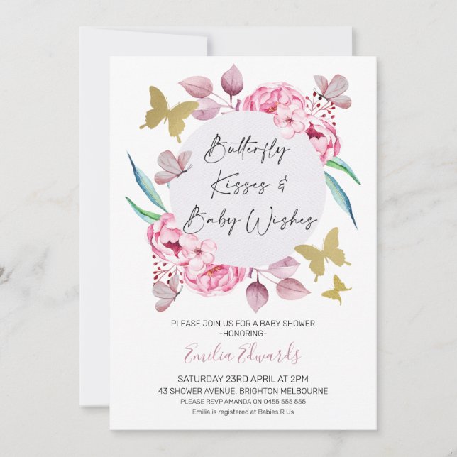 Invitación Lilac Butterfly besa a los bebés y desea Baby Show (Anverso)