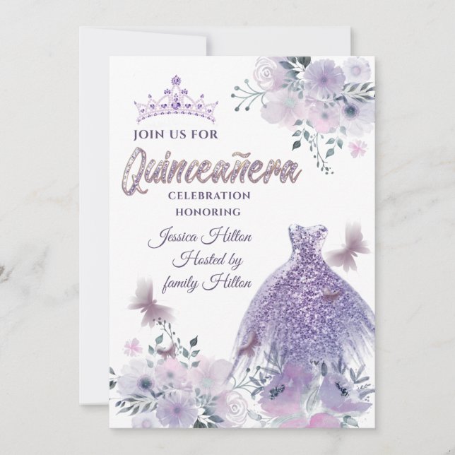 Invitación Lilac Butterfly florido jardín tiara Quinceañera (Anverso)