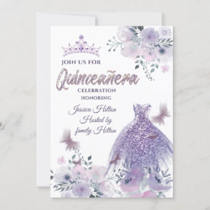 Invitación Lilac Butterfly florido jardín tiara Quinceañera