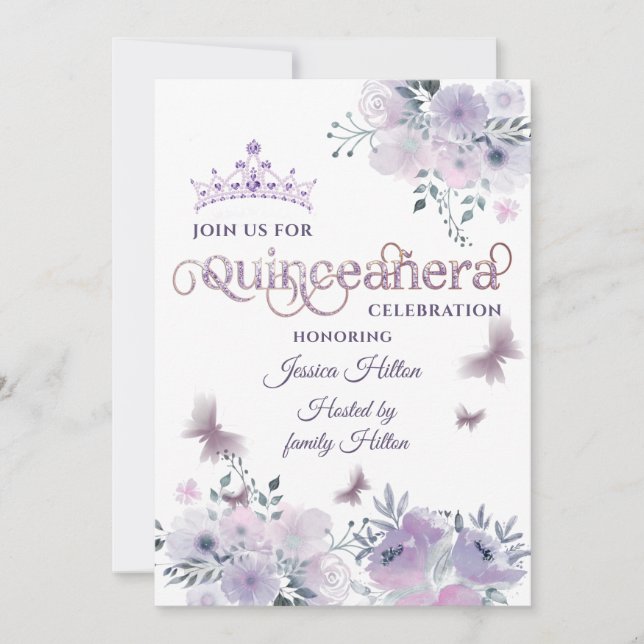 Invitación Lilac Butterfly florido jardín tiara Quinceañera (Anverso)