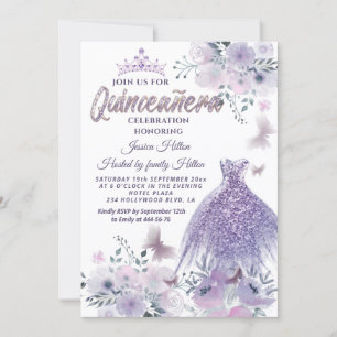 Invitación Lilac Butterfly florido jardín tiara Quinceañera