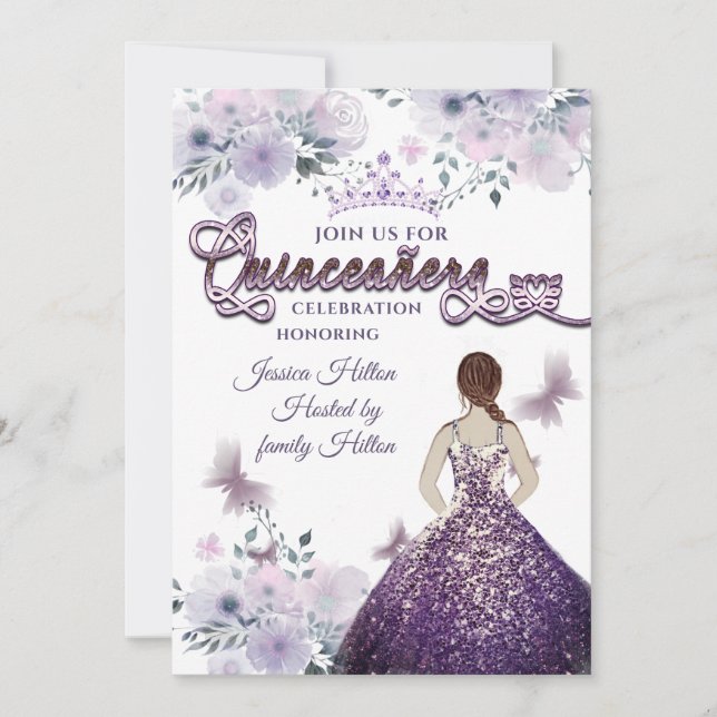 Invitación Lilac Butterfly florido jardín tiara Quinceañera (Anverso)