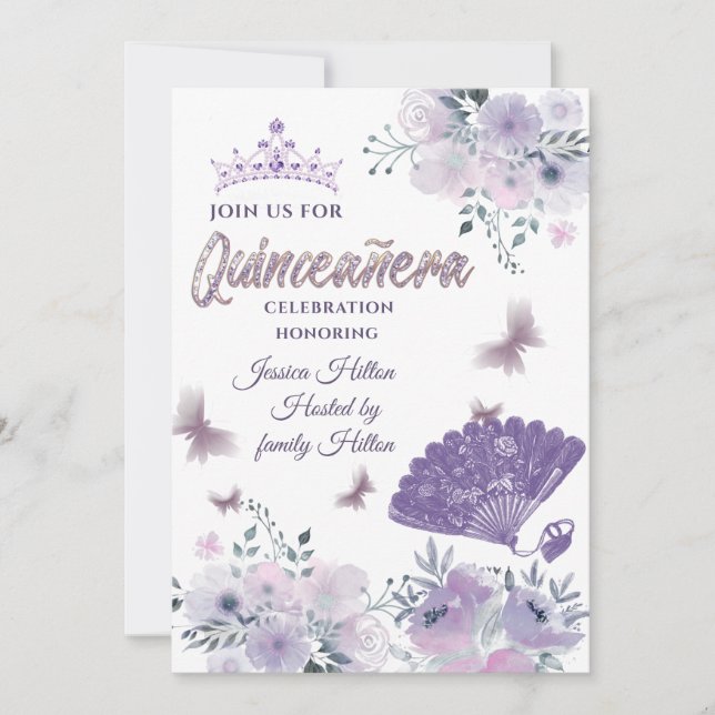 Invitación Lilac Butterfly hincha de mano floral tiara Quince (Anverso)