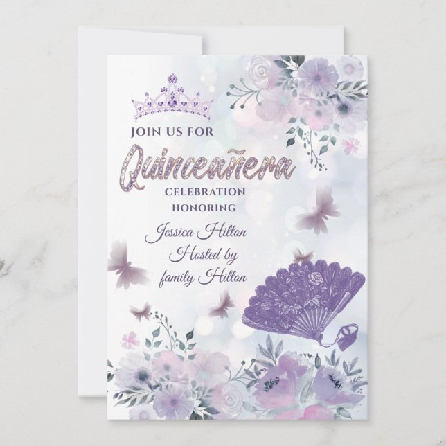 Invitación Lilac Butterfly hincha de mano floral tiara Quince (Anverso)