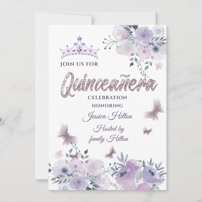 Invitación Lilac Butterfly jardín floral tiara Quinceañera In (Anverso)
