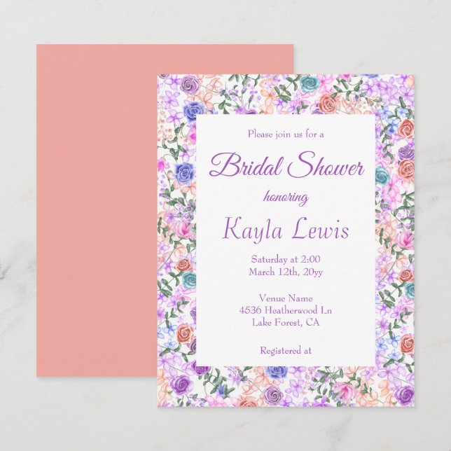 Invitación Lilac colorido, Peach, Pink, Blue Bridal Shower (Anverso / Reverso)