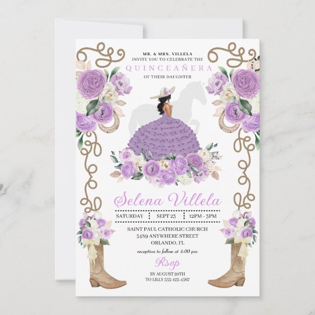 Invitación Lilac Cowgirl Princesa Horse Charro Quinceañera (Anverso)