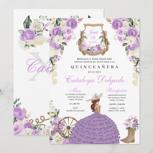 Invitación Lilac Cowgirl Princesa Occidental Quinceañera (Anverso / Reverso)