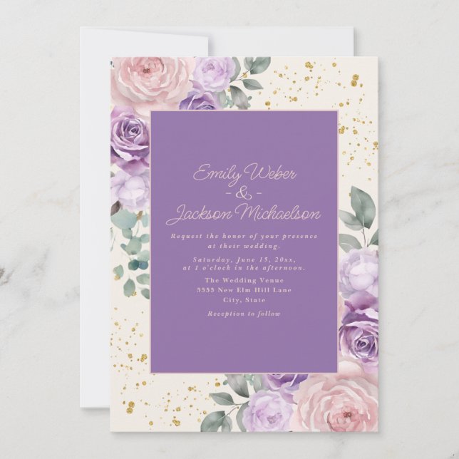 Invitación Lilac Crema Rosa Purpurina Floral Dorado Boda (Anverso)