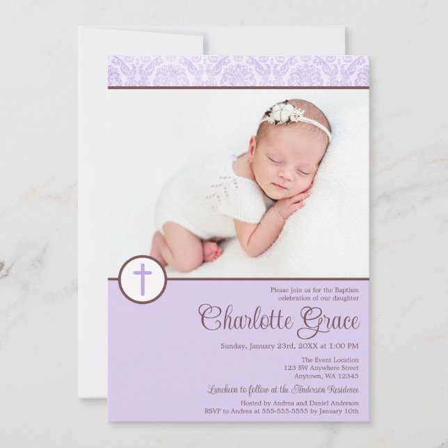 Invitación Lilac Damask Cross Chica Foto Bautismo Christening (Anverso)