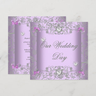 Invitación Lilac Damask Wedding Silver Diamond Hearts