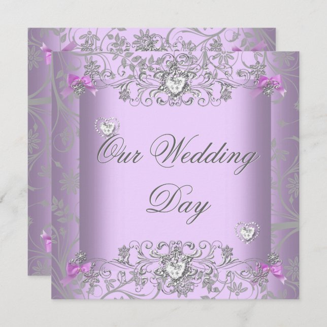 Invitación Lilac Damask Wedding Silver Diamond Hearts (Anverso / Reverso)