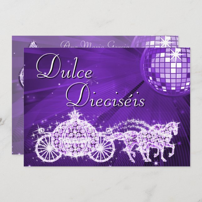 Invitación Lilac Disco Ball, Princess Coach & Horses Sweet 16 (Anverso / Reverso)