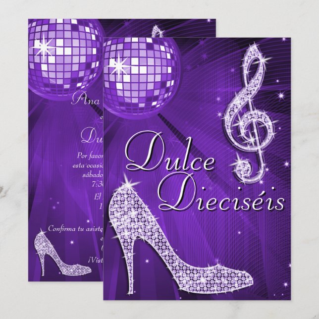 Invitación Lilac Disco Ball & Sparkle Heels Dulces 16 (Anverso / Reverso)