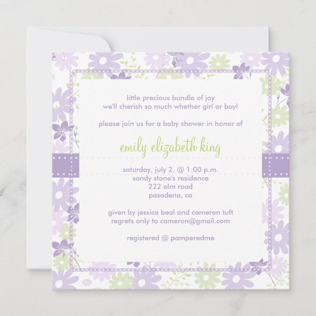 Invitación Lilac ~ Ducha de bebé jardín (Anverso)