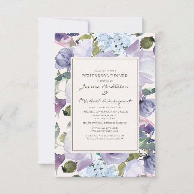 Invitación Lilac Dusty Blue Cream Ensayo Floral Cena (Anverso)