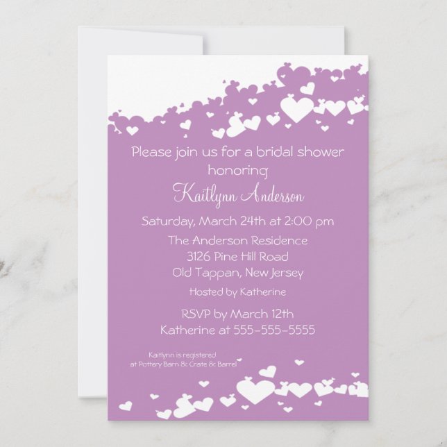 Invitación Lilac Field of Hearts Bridal Shower (Anverso)
