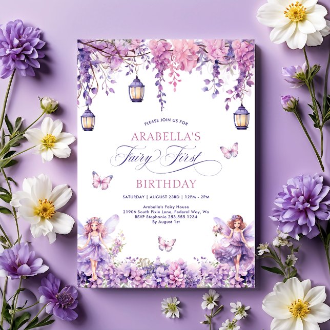 Invitación Lilac Floral Fairy First First Birthday Fiesta (Lilac Floral Fairy First 1st Birthday Party Invitation)